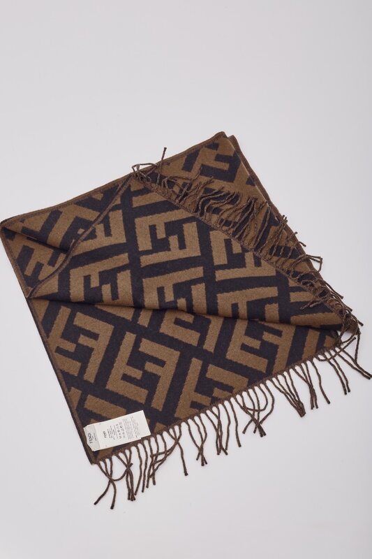 FENDI FENDI BROWN ZUCCA FRINGED CASHMERE JACQUARD SCARF