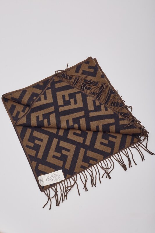 FENDI FENDI BROWN ZUCCA FRINGED CASHMERE JACQUARD SCARF