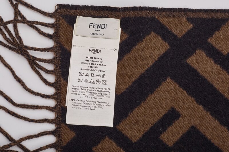 FENDI FENDI BROWN ZUCCA FRINGED CASHMERE JACQUARD SCARF