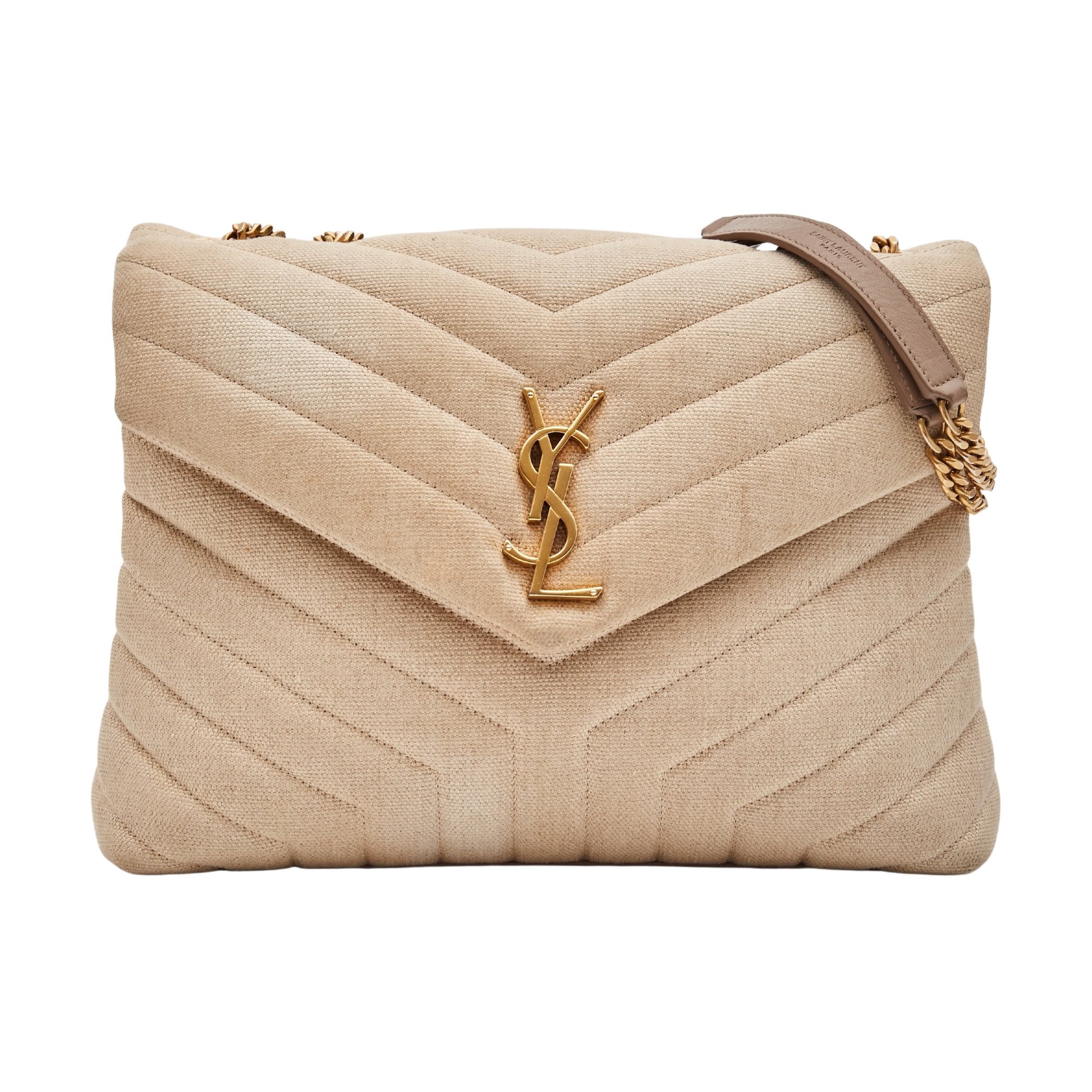 SAINT LAURENT BEIGE CHESTNUT LINEN LOULOU SHOULDER BAG MEDIUM