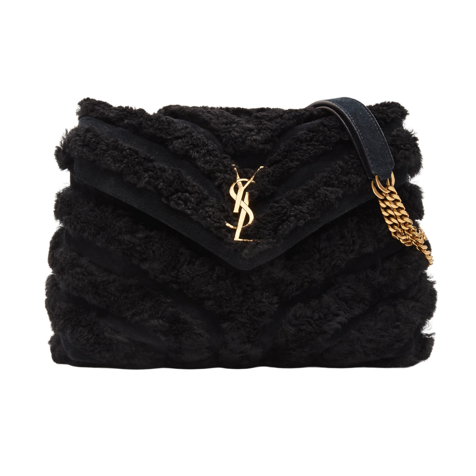 SAINT LAURENT BLACK SHEARLING LOULOU SHOULDER BAG SMALL