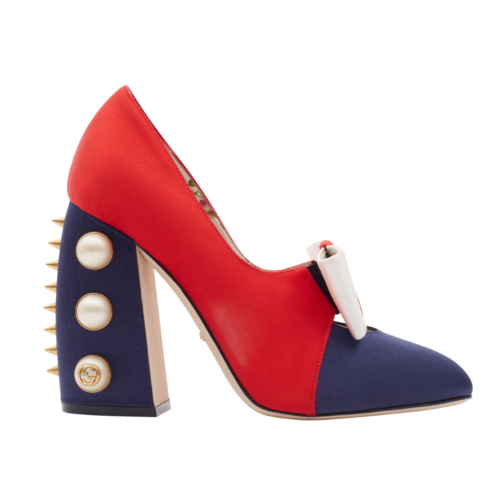 GUCCI NAVY BLUE SATIN PEARL STUDDED LUNA BOW PUMPS (EU 39.5)