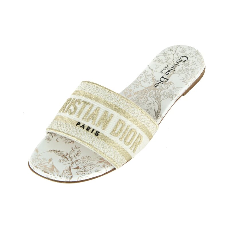 CHRISTIAN DIOR WHITE AND GOLD-TONE CANVAS DWAY SLIDES (EU 37)
