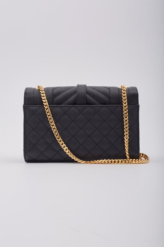 SAINT LAURENT SAINT LAURENT QUILTED GRAIN DE POUDRE BLACK ENVELOPE BAG SMALL GOLD