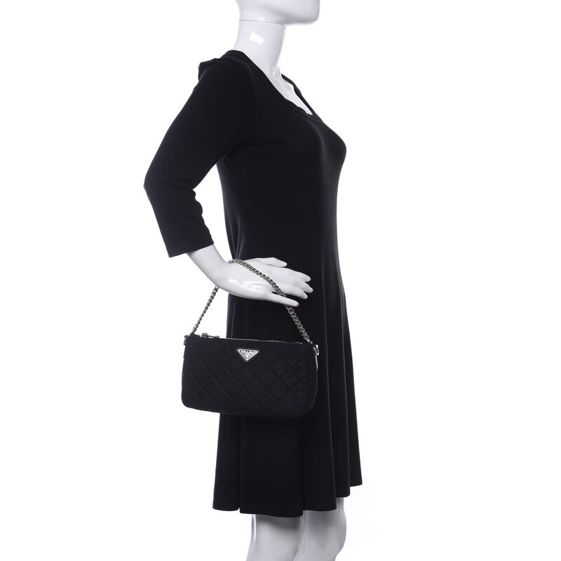 PRADA PRADA QUILTED TESSUTO NYLON BLACK CHAIN SHOULDER BAG (1BH026)