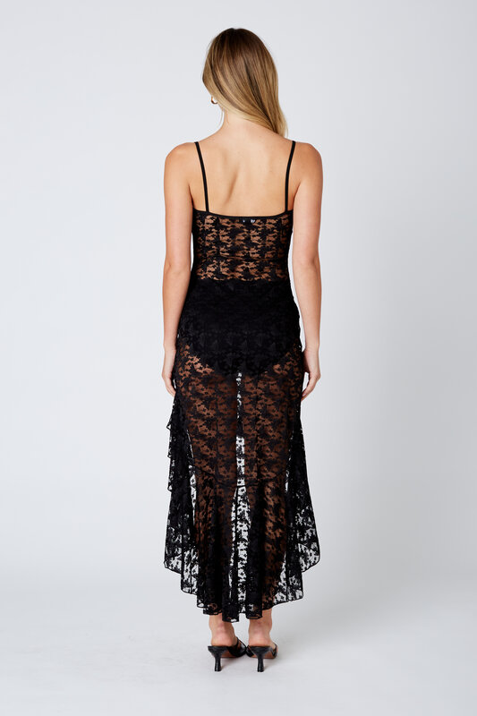 ALICE HIGH LOW RUFFLE LACE DRESS BLACK L