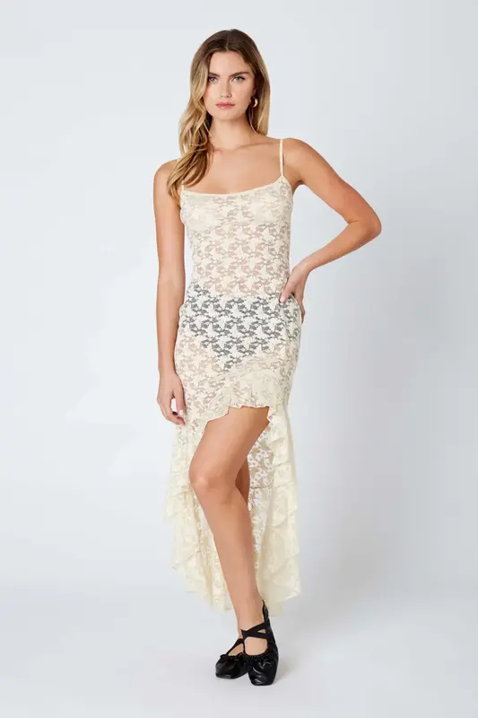 ALICE HIGH LOW RUFFLE LACE DRESS VANILLA