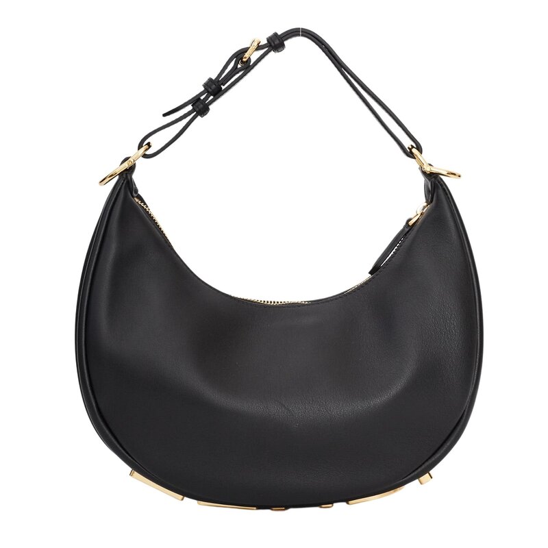 FENDI FENDI BLACK LEATHER SMALL CROISSANT FENDIGRAPHY HOBO BAG SMALL