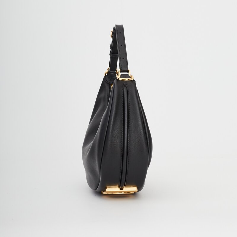 FENDI FENDI BLACK LEATHER SMALL CROISSANT FENDIGRAPHY HOBO BAG SMALL