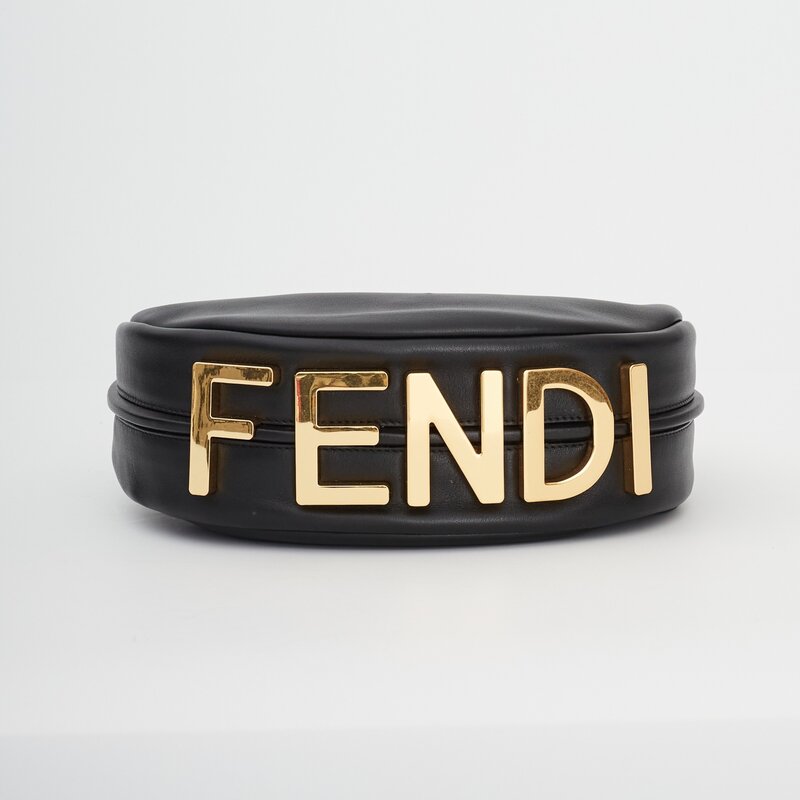 FENDI FENDI BLACK LEATHER SMALL CROISSANT FENDIGRAPHY HOBO BAG SMALL