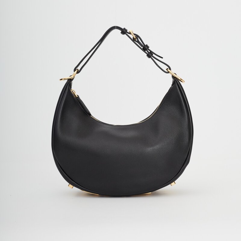 FENDI FENDI BLACK LEATHER SMALL CROISSANT FENDIGRAPHY HOBO BAG SMALL
