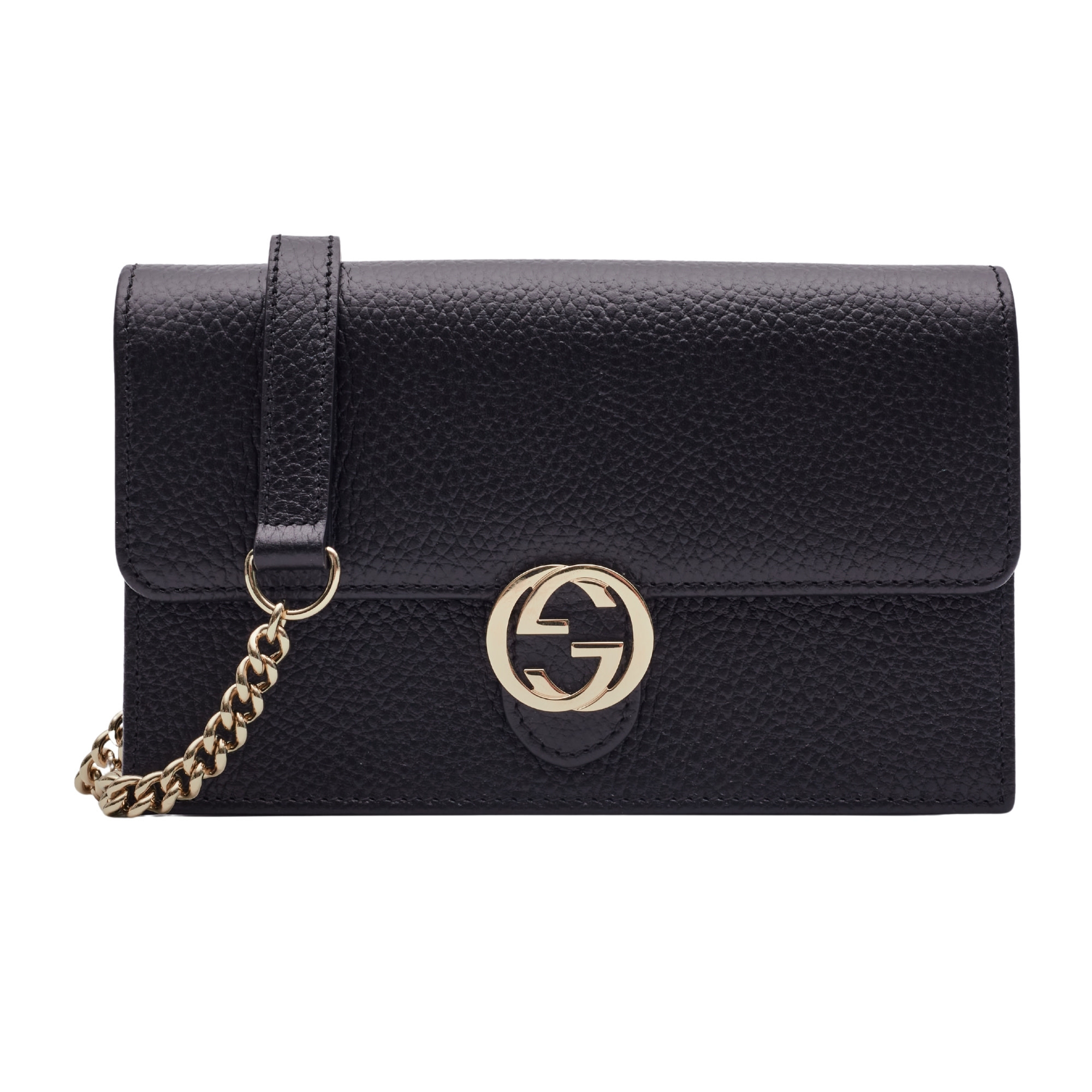 GUCCI DOLLAR CALFSKIN INTERLOCKING GG WALLET ON CHAIN BAG BLACK