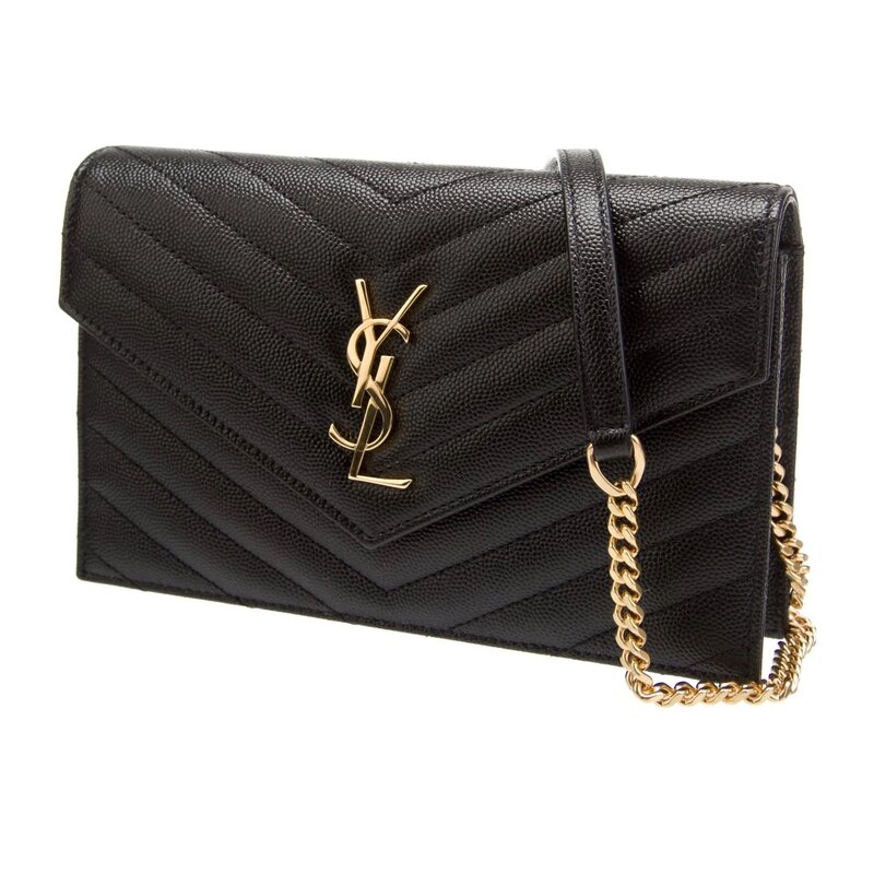 SAINT LAURENT GRAIN DE POUDRE BLACK WALLET CHAIN CASSANDRE BAG GOLD