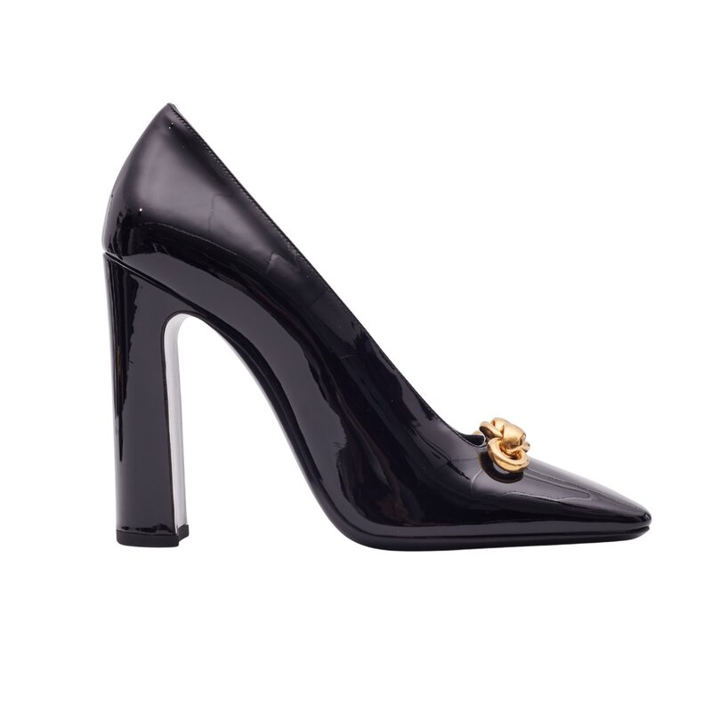 SAINT LAURENT SAINT LAURENT BLACK PATENT SWING CHAIN-LINK BLOCK HEELS (EU 40)
