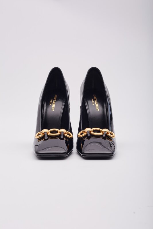 SAINT LAURENT SAINT LAURENT BLACK PATENT SWING CHAIN-LINK BLOCK HEELS (EU 40)