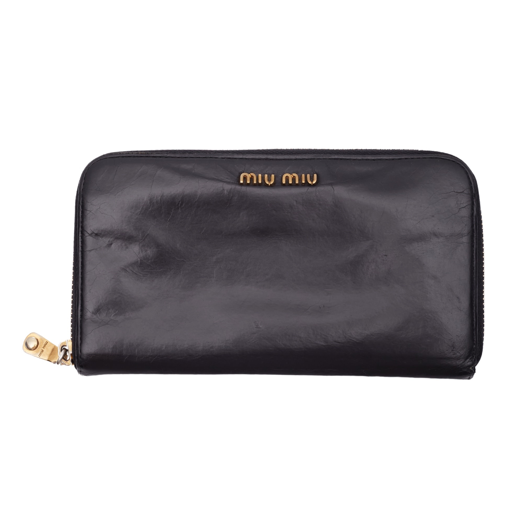 MIU MIU BLACK LEATHER ZIP AROUND WALLET