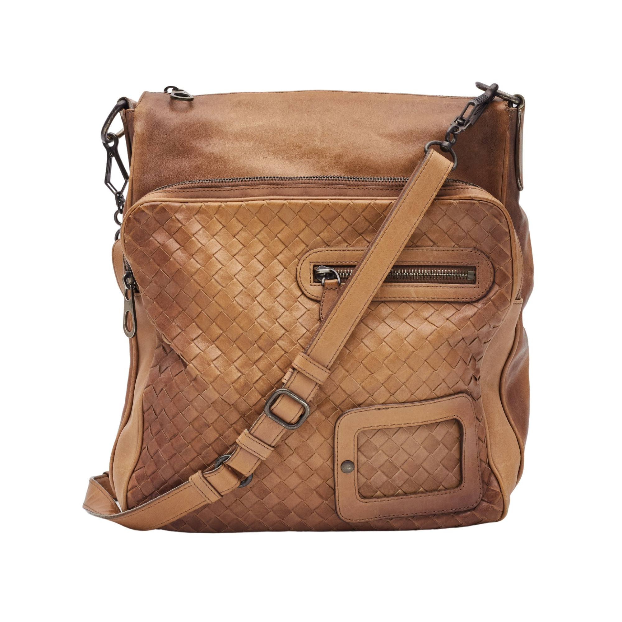 BOTTEGA VENETA CARAMEL LEATHER INTRECCIATO MESSENGER BAG