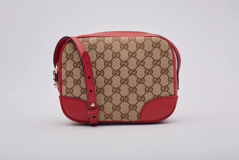 GUCCI MONOGRAM CANVAS EBONY/ROSSO BREE MESSENGER BAG MINI