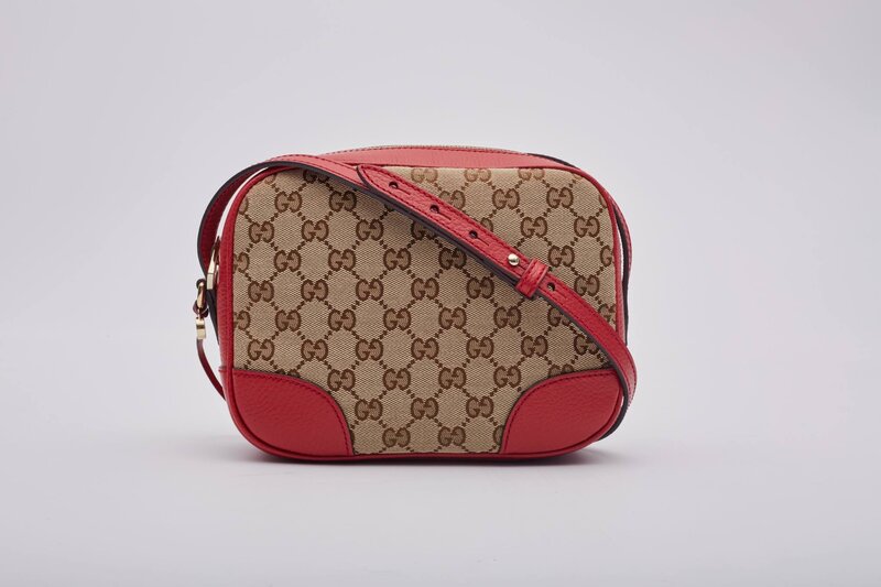 GUCCI GUCCI MONOGRAM CANVAS EBONY/ROSSO BREE MESSENGER BAG MINI