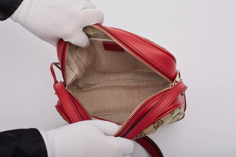 GUCCI GUCCI MONOGRAM CANVAS EBONY/ROSSO BREE MESSENGER BAG MINI
