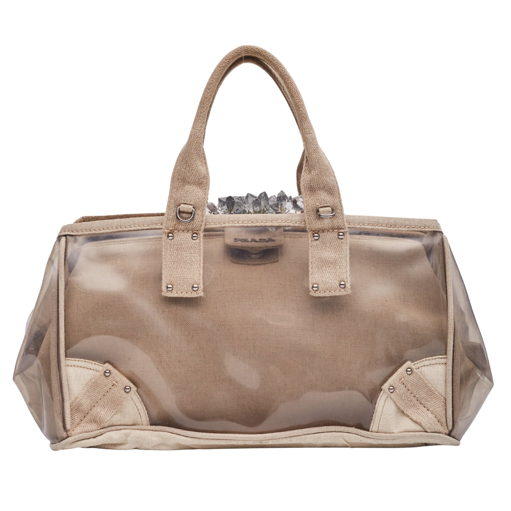 PRADA CANVAS VINYL CRYSTAL CLUSTER TOTE BAG BEIGE TRANSPARENT