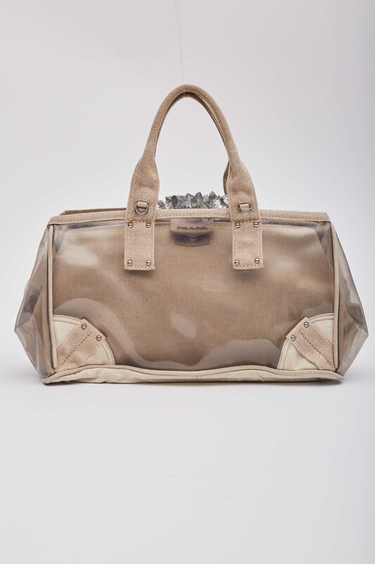 PRADA PRADA CANVAS VINYL CRYSTAL CLUSTER TOTE BAG BEIGE TRANSPARENT