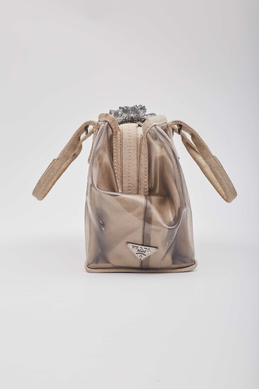 PRADA PRADA CANVAS VINYL CRYSTAL CLUSTER TOTE BAG BEIGE TRANSPARENT