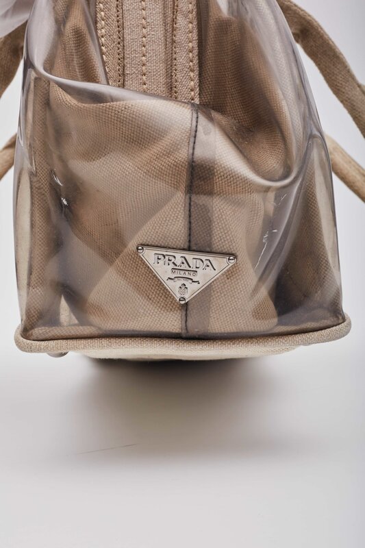 PRADA PRADA CANVAS VINYL CRYSTAL CLUSTER TOTE BAG BEIGE TRANSPARENT
