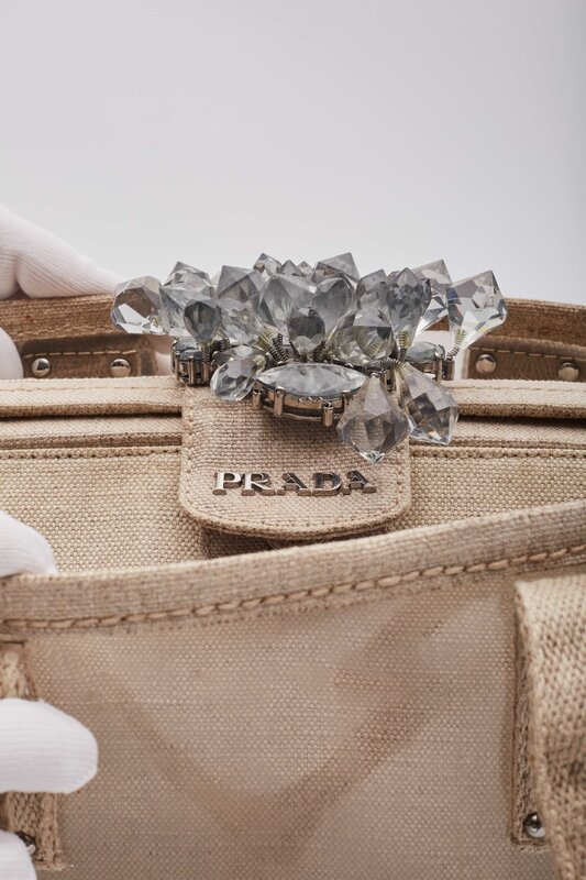 PRADA PRADA CANVAS VINYL CRYSTAL CLUSTER TOTE BAG BEIGE TRANSPARENT