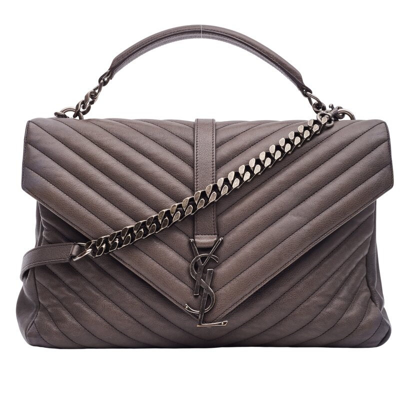 SAINT LAURENT LEATHER CHEVRON COLLEGE CHAIN SATCHEL BAG GREY