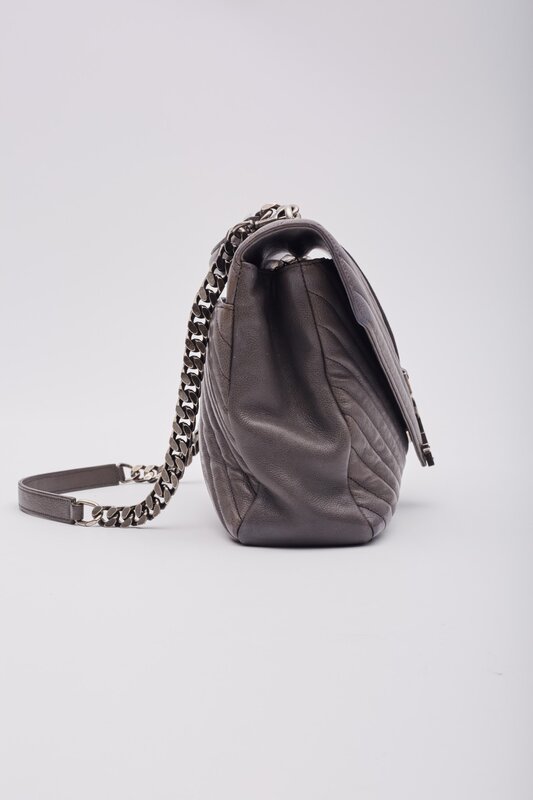 SAINT LAURENT LEATHER CHEVRON COLLEGE CHAIN SATCHEL BAG GREY