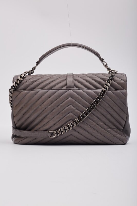 SAINT LAURENT LEATHER CHEVRON COLLEGE CHAIN SATCHEL BAG GREY