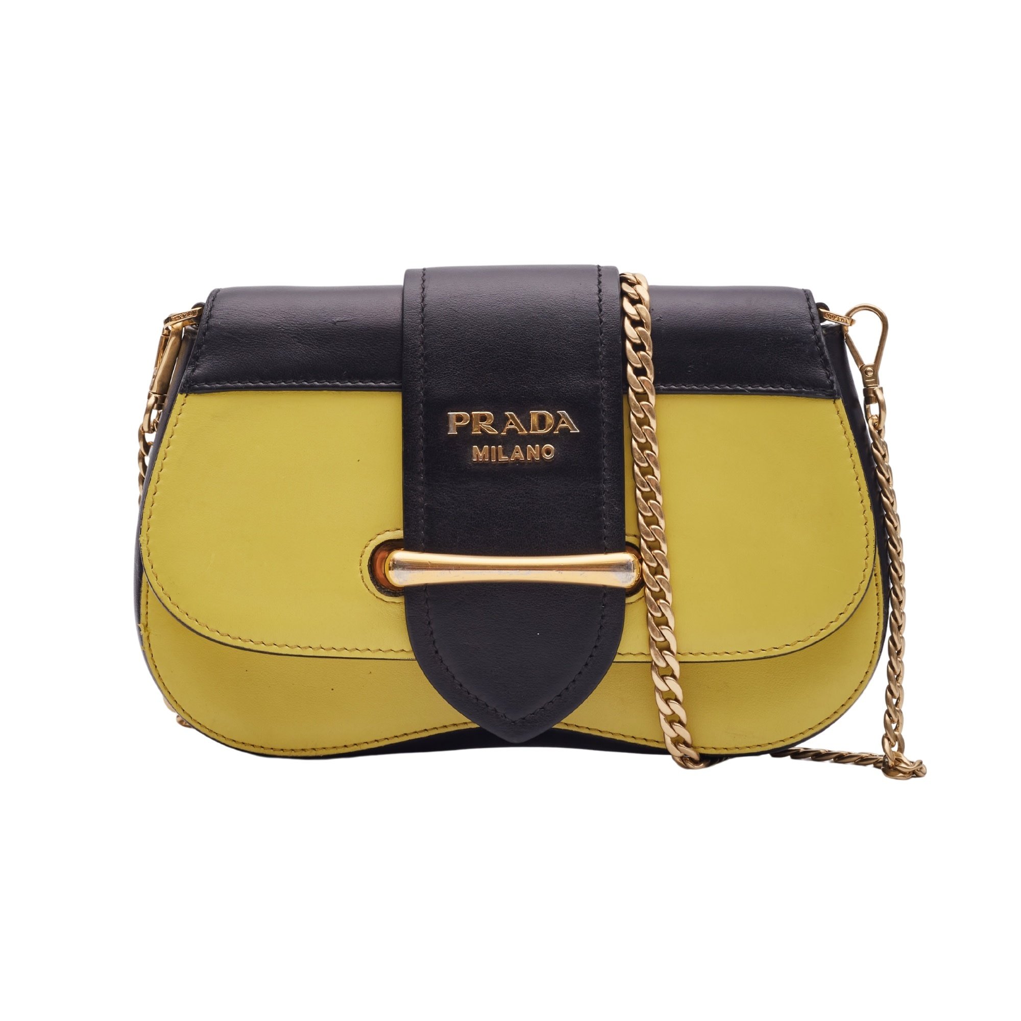 PRADA CALFSKIN LEATHER YELLOW BLACK CHAIN SIDONIE SHOULDER BAG