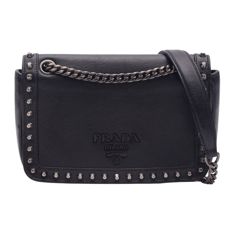 PRADA BLACK LEATHER CALFSKIN STUDDED GLACE CROSSBODY BAG