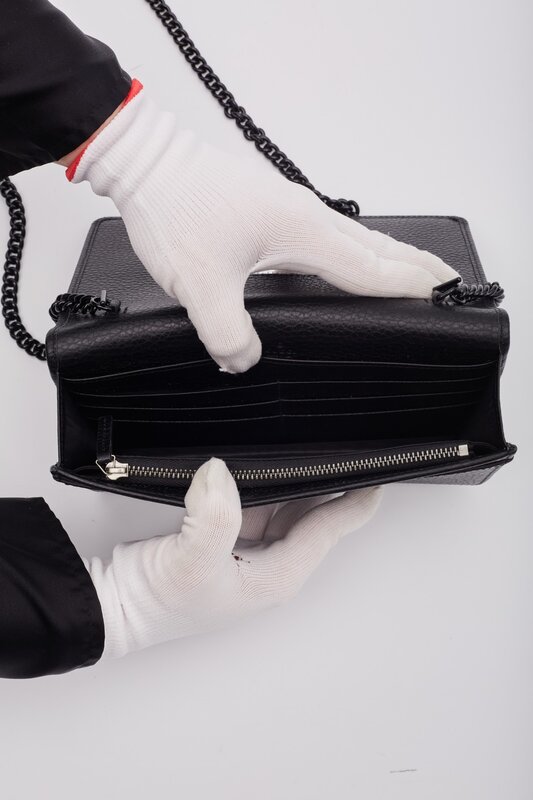 GUCCI GUCCI CALFSKIN GG MARMONT  WALLET ON CHAIN BAG MONOCHROME BLACK