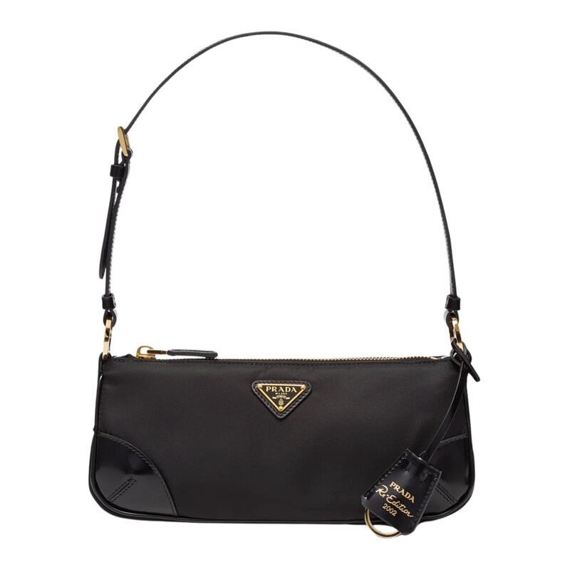 PRADA RE-EDITION LONG NYLON BLACK WITH LEATHER SHOULDER BAG