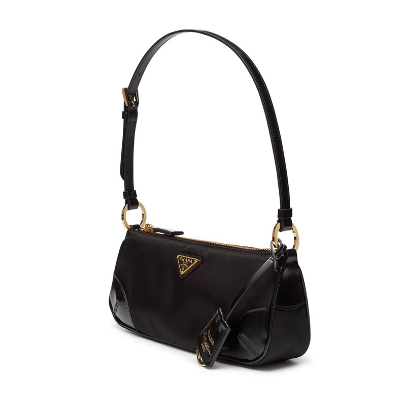 PRADA RE-EDITION LONG NYLON BLACK WITH LEATHER SHOULDER BAG