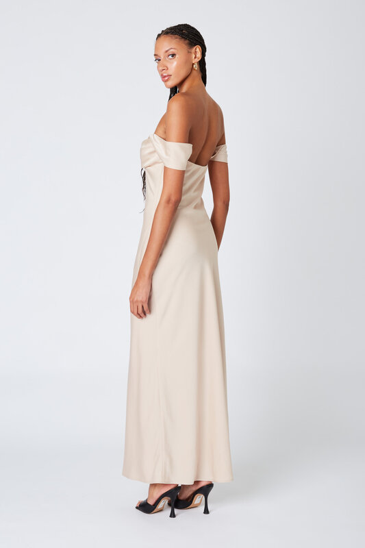 ATHENA SATIN OFF THE SHOULDER GOWN BUFF L