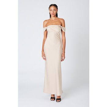ATHENA SATIN OFF THE SHOULDER GOWN BUFF L
