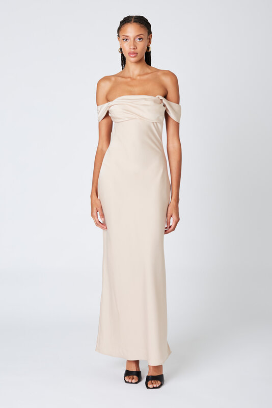 ATHENA SATIN OFF THE SHOULDER GOWN BUFF L