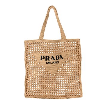 PRADA PRADA RAFFIA EMBROIDERED LOGO TOTE BAG NATURALE