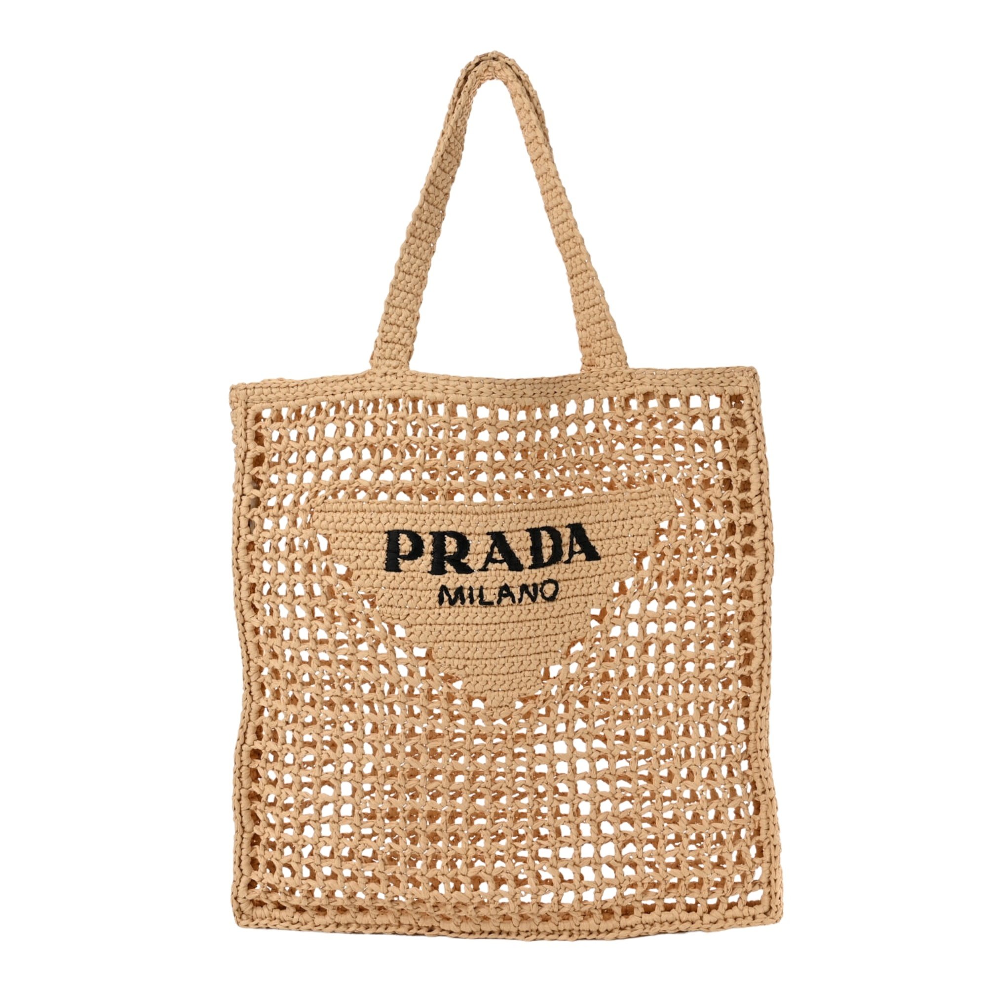 PRADA RAFFIA EMBROIDERED LOGO TOTE BAG NATURALE