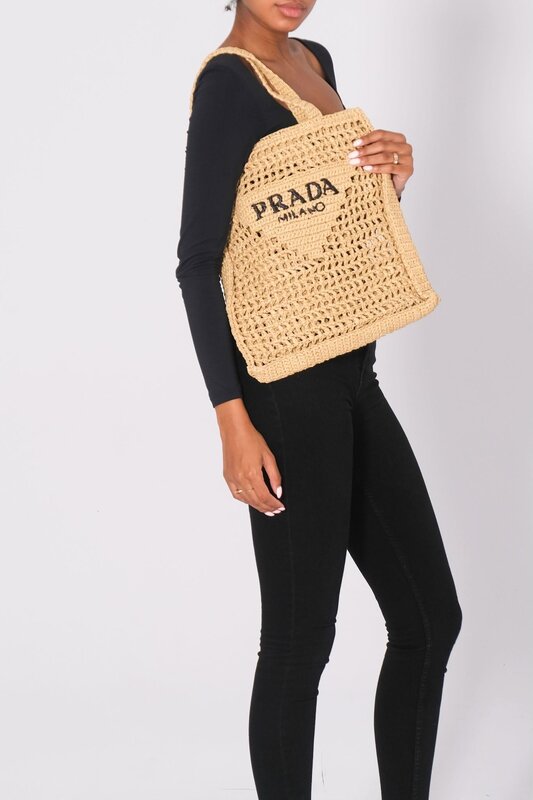 PRADA PRADA RAFFIA EMBROIDERED LOGO TOTE BAG NATURALE
