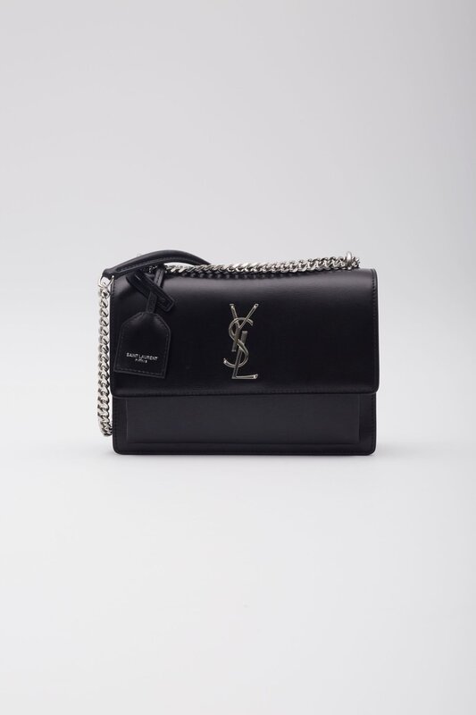 SAINT LAURENT BLACK LEATHER CHAIN SUNSET SHOULDER BAG