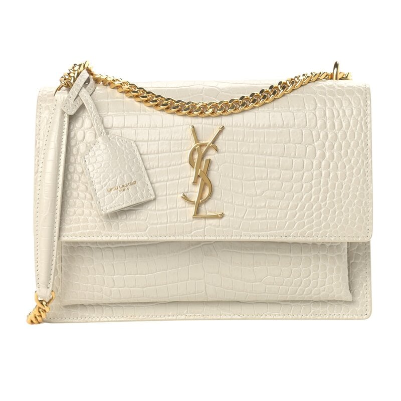 SAINT LAURENT CROC EMBOSSED WHITE MEDIUM SUNSET SHOULDER BAG GOLD