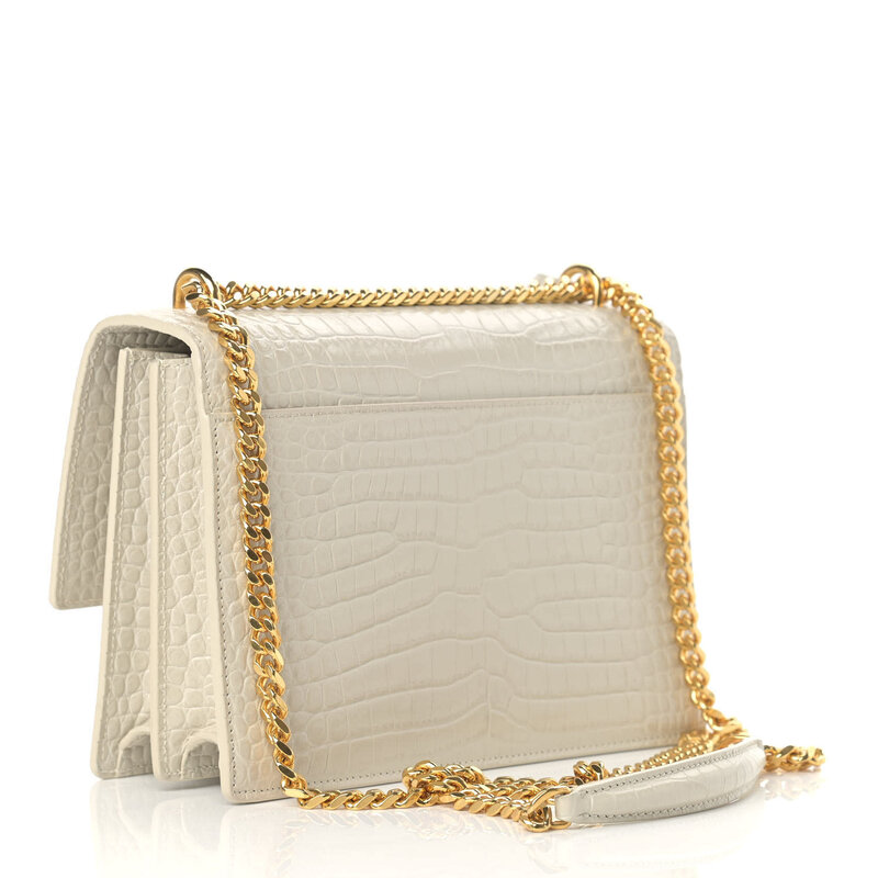 SAINT LAURENT CROC EMBOSSED WHITE MEDIUM SUNSET SHOULDER BAG GOLD