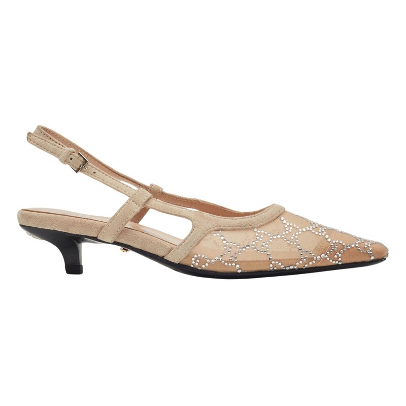 GUCCI GUCCI GG CRYSTAL EMBELLISHED MESH BEIGE SLINGBACK KITTEN HEELS