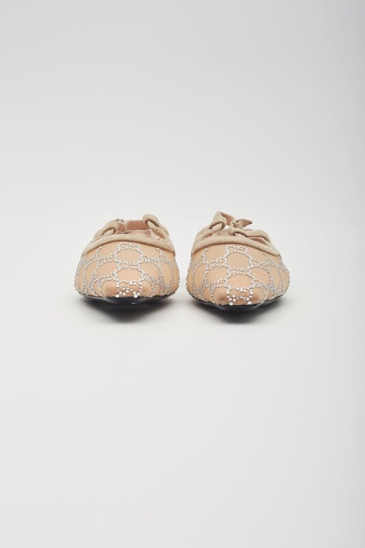 GUCCI GUCCI GG CRYSTAL EMBELLISHED MESH BEIGE SLINGBACK KITTEN HEELS