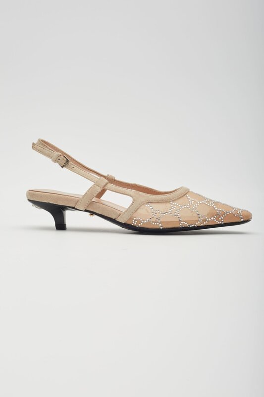 GUCCI GUCCI GG CRYSTAL EMBELLISHED MESH BEIGE SLINGBACK KITTEN HEELS