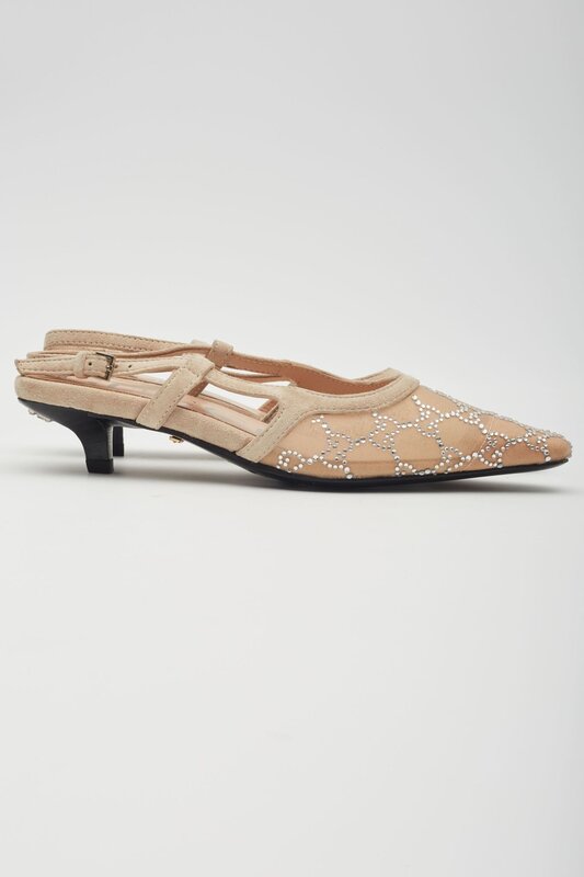 GUCCI GUCCI GG CRYSTAL EMBELLISHED MESH BEIGE SLINGBACK KITTEN HEELS